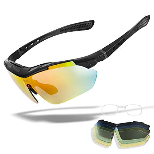 IPSXP Gafas de Sol Deportivas polarizadas 5 Lentes Intercambiables, Gafas de Ciclismo para Hombres y Mujeres, Carrera de béisbol, Escalada, Golf(Negro)