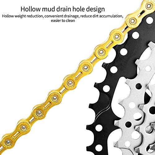 Iriisy Cadena Bicicleta 10 Velocidades, 116 Eslabones,Cadenas Duradera Ideal para Bicicletas de Carretera o Montaña,Multi-función Bicicleta mecánico reparación Accesorios, Medio Oro Hueco