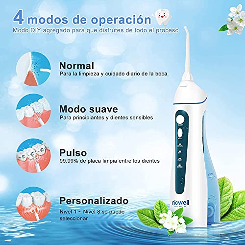 Irrigador Bucal Portatil Profesional - Irrigador Dental con 5 Boquillas 4 Modos, IPX7 Impermeable Limpieza Dientes, Recargable para Limpieza Dental, Irrigadores bucales Electrico Portátil de Viaje