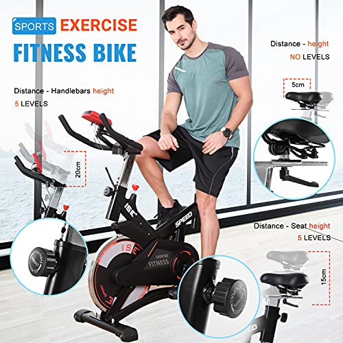 ISE Bicicleta Estática de Spinning Profesional con Sensor de Pulso,Ajustable Resistencia, Pantalla, Bicicleta Fitness de Gimnasio Ejercicio con Volante de Inercia,Sillín Ajustable, Máx.120kg,SY-7005-1