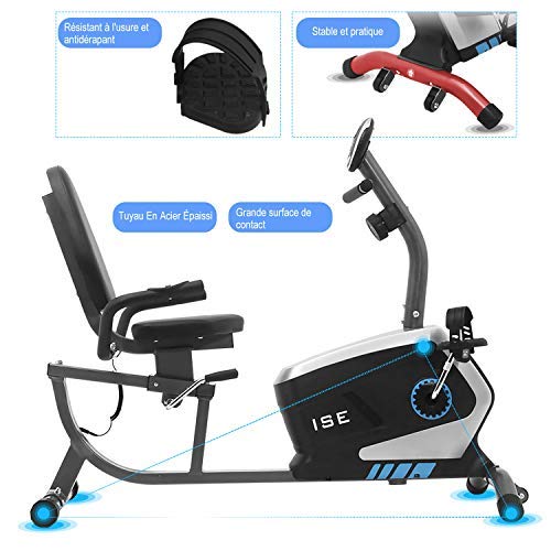 ISE Bicicleta Estática Reclinable de Spinning con Respaldo,Resistencia Magnética de 8 Niveles,Sensor de Pulso,Ideal para Ejercicios de Recuperación, Máx.120kg,SY-6801