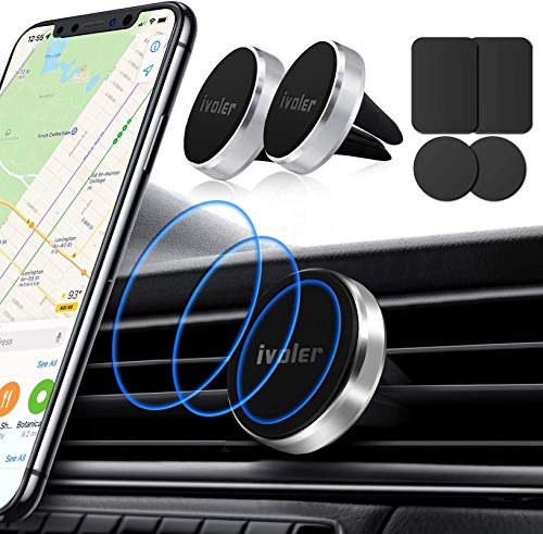 ivoler 2 Pack Soporte Móvil Coche, Iman Coche Móvil para Rejilla del Aire, 360°Rotación, Soporte Magnético Móvil Coche para Smartphone, los télefonos móviles y Dispositivo GPS - Plata
