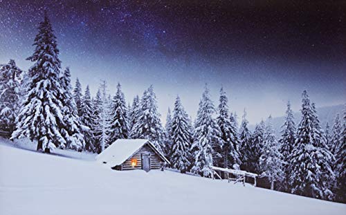 JANDEI - Cuadro Paisaje LED Con Interruptor (Montaña, 50 * 40 * 1,8) Casa En La Nieve Con Cielo Estrellado Con Iluminación De 1 LED Y 53 Puntos De Fribra Óptica, 2 Pilas AA