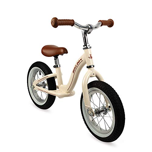 Janod - J03294 - Bicicleta de equilibrio metálica y estilo retro con sillín ajustable, neumáticos inflables y bolso incluido, color beis, para aprendizaje de equilibrio, para niños a partir de 3 años