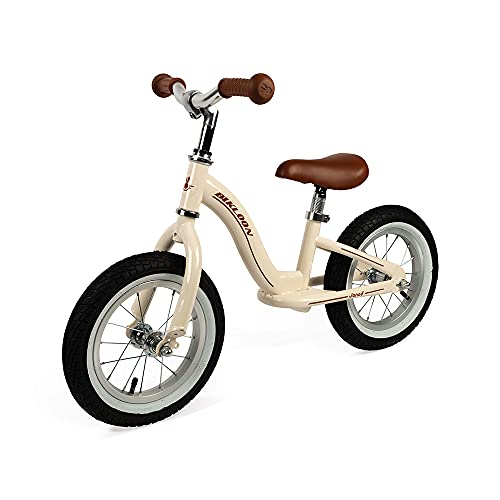 Janod - J03294 - Bicicleta de equilibrio metálica y estilo retro con sillín ajustable, neumáticos inflables y bolso incluido, color beis, para aprendizaje de equilibrio, para niños a partir de 3 años