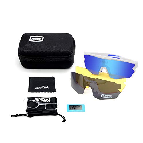 JEPOZRA Gafas Ciclismo Polarizadas, Gafas de Conducción de Medio Cuadro con 3 Lentes Intercambiables, Gafas de Protección UV para Montar Se Adapta al Esquí Correr Ciclismo,Deportes al Aire Libre