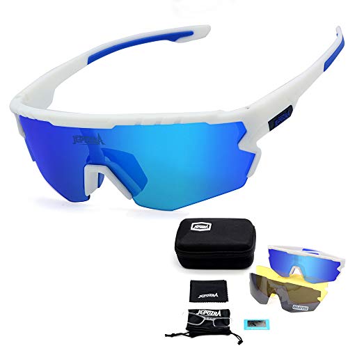 JEPOZRA Gafas Ciclismo Polarizadas, Gafas de Conducción de Medio Cuadro con 3 Lentes Intercambiables, Gafas de Protección UV para Montar Se Adapta al Esquí Correr Ciclismo,Deportes al Aire Libre