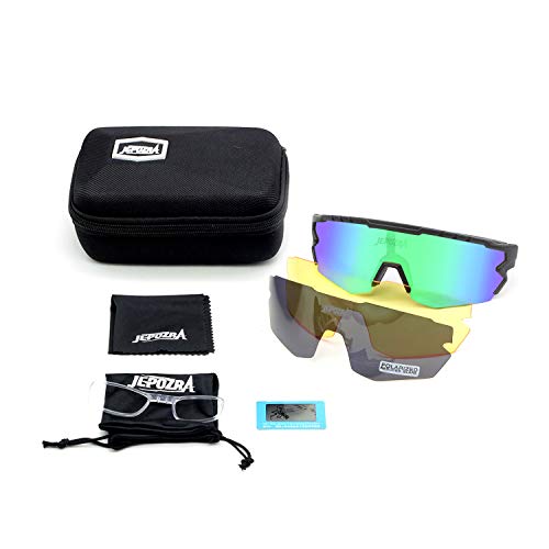 JEPOZRA Gafas Ciclismo Polarizadas, Gafas de Conducción de Medio Cuadro con 3 Lentes Intercambiables, Gafas de Protección UV para Montar Se Adapta al Esquí Correr Ciclismo,Deportes al Aire Libre