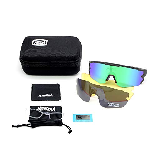 JEPOZRA Gafas Ciclismo Polarizadas, Gafas de Conducción de Medio Cuadro con 3 Lentes Intercambiables, Gafas de Protección UV para Montar Se Adapta al Esquí Correr Ciclismo,Deportes al Aire Libre