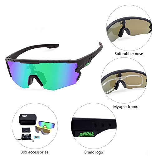 JEPOZRA Gafas Ciclismo Polarizadas, Gafas de Conducción de Medio Cuadro con 3 Lentes Intercambiables, Gafas de Protección UV para Montar Se Adapta al Esquí Correr Ciclismo,Deportes al Aire Libre