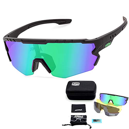 JEPOZRA Gafas Ciclismo Polarizadas, Gafas de Conducción de Medio Cuadro con 3 Lentes Intercambiables, Gafas de Protección UV para Montar Se Adapta al Esquí Correr Ciclismo,Deportes al Aire Libre