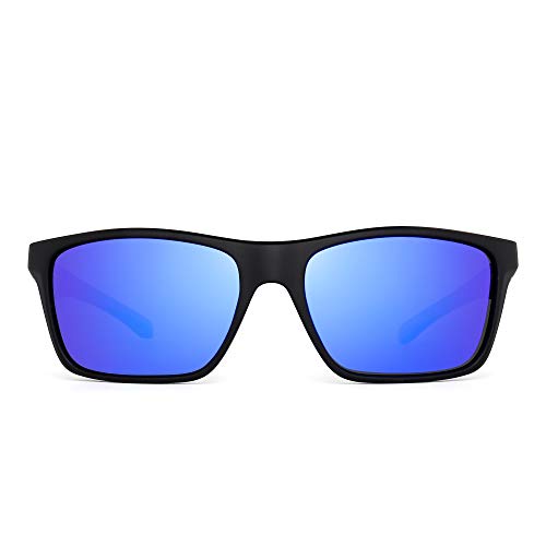 JIM HALO Polarizadas Deportivas Gafas de Sol de Espejo Wrap Alrededor Conducir Pescar Hombre Mujer(Negro/Azul Espejo)