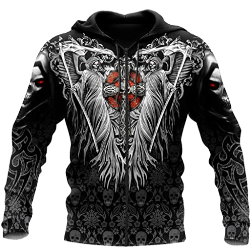 JJLLAZAD Sudadera con Capucha Unisex Vikinga, Pulóver con Estampado Calavera Cruzada Reaper con Estampado 3D, Novedad Informal, Chaqueta De Calle Harajuku, Sudadera Moda De Otoño,Zipper Jacket,XL