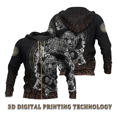 JJLLAZAD Sudadera para Hombre Tatuaje Oso Vikingo Estampado 3D Harajuku Sudadera Capucha Invierno Unisex Polar Algodón Chaqueta Cremallera,Runic Zipper,4XL