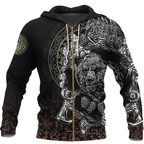 JJLLAZAD Sudadera para Hombre Tatuaje Oso Vikingo Estampado 3D Harajuku Sudadera Capucha Invierno Unisex Polar Algodón Chaqueta Cremallera,Runic Zipper,4XL