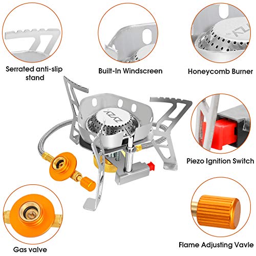 Jooheli Mini Estufa Portatil de Camping Quemador Estufa de Gas al Aire Libre Picnic Quemador de Gas Plegable Camping de Campaña Metal Anti Viento Estufa de Camping al Aire Libre Senderismo