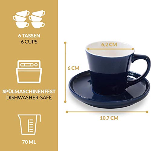 Juego de 6 Tazas de Cafe Espresso con Platos - Ceramica - Diseño Multicolor - Con Caja de Regalo - 70ml - Para Lavavajillas