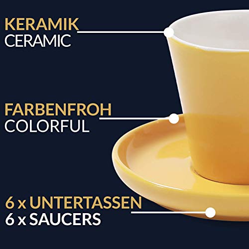 Juego de 6 Tazas de Cafe Espresso con Platos - Ceramica - Diseño Multicolor - Con Caja de Regalo - 70ml - Para Lavavajillas