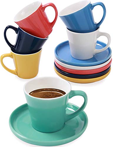 Juego de 6 Tazas de Cafe Espresso con Platos - Ceramica - Diseño Multicolor - Con Caja de Regalo - 70ml - Para Lavavajillas