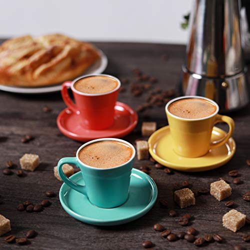 Juego de 6 Tazas de Cafe Espresso con Platos - Ceramica - Diseño Multicolor - Con Caja de Regalo - 70ml - Para Lavavajillas