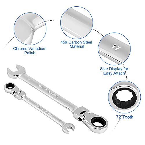 Juego de Llaves Trinquete Articuladas de 12 Pcs, Llave de Trinquete Pro Llave Inglesa Trinquete Pulido 8 9 10 11 12 13 14 15 16 17 18 19, Extremo de Trinquete de Calidad dDe 72 Ángulo de Retorno 5 °