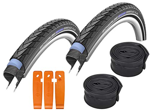 Juego de neumáticos 40-622 Marathon Plus de Schwalbe2 neumáticos de bicicleta de trekking y ciclocross, incluidas2 cámaras de aire SV17 de Schwalbe ydesmontadora de neumáticos de SKS.