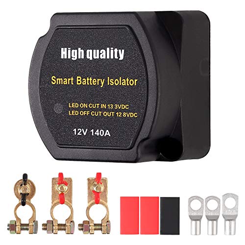 Justech Kit de 12V 140Amp Aislador de Batería Doble + 6m Cable de Alimentación Rojo + 0,6m Cable de Tierra + Terminales de Batería + Tubo Termorretráctil Kit de Relé Sensible al Voltaje para SUV ATV