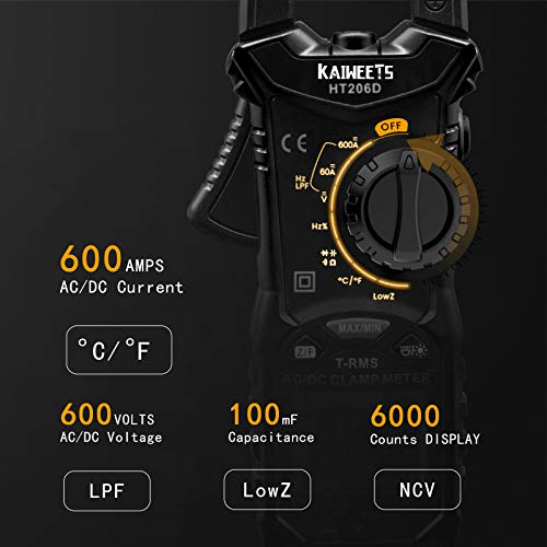 KAIWEETS 206D Digital Pinza Amperimétrica Profesional para medir 600A CA/CC Corriente y Tensión con 6000 Cuentas, Valor Real, Autorango, NCV, Pinza Amperímetro de Capacitancia, Resistencia, Bateria