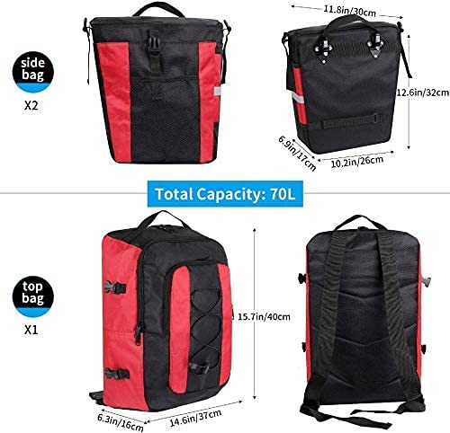 Kayboo 3 in 1 Multifuncional Bolsa Alforjas para Bicicleta 70L, Alforja Maletero Impermeables para Portaequipajes Asiento Trasero de Bicicleta de Carretera,con Cubierta Impermeablerojo