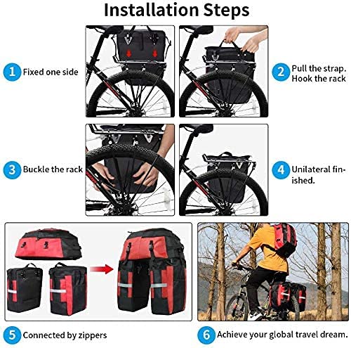 Kayboo 3 in 1 Multifuncional Bolsa Alforjas para Bicicleta 70L, Alforja Maletero Impermeables para Portaequipajes Asiento Trasero de Bicicleta de Carretera,con Cubierta Impermeablerojo