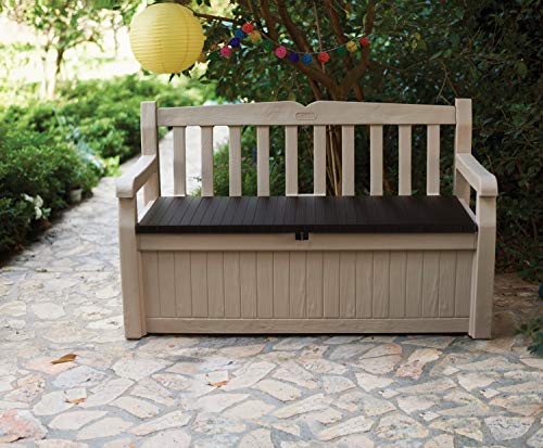 Keter Eden Garden Bench - Banco Arcón Exterior, Capacidad 265 L, Color Marrón y Beige