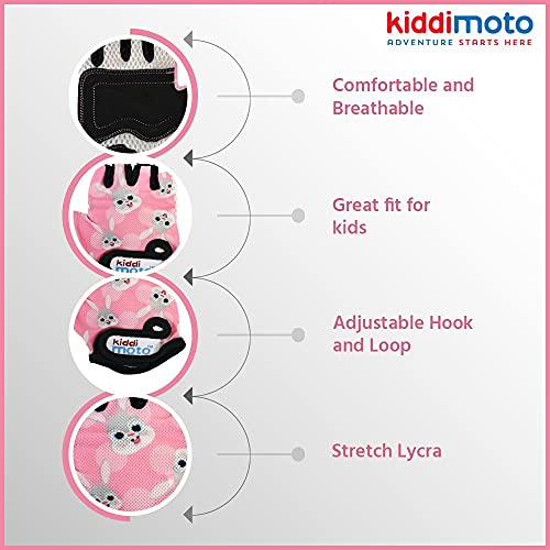 Kiddimoto Guantes de Ciclismo sin Dedos para Infantil (niñas y niños) - Bicicleta, MTB, BMX, Carretera, Montaña - Conejo Rosa - Talla: M (5-8 años)