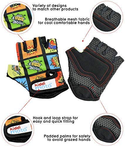 Kiddimoto Guantes de Ciclismo sin Dedos para Infantil (niñas y niños) - Bicicleta, MTB, BMX, Carretera, Montaña - Libro Cómico - Talla: S (2-5 años)