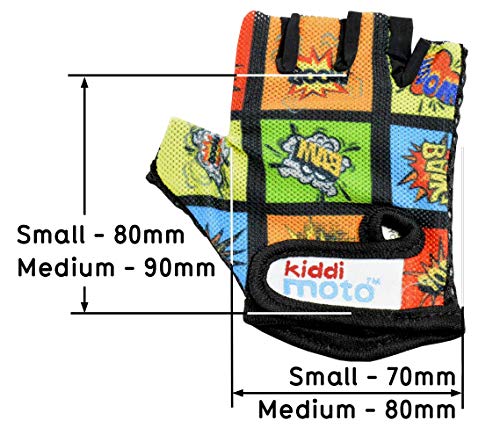 Kiddimoto Guantes de Ciclismo sin Dedos para Infantil (niñas y niños) - Bicicleta, MTB, BMX, Carretera, Montaña - Libro Cómico - Talla: S (2-5 años)