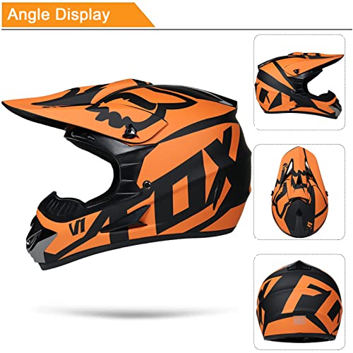 KILCVEM Casco Integral con Gafas Guantes Máscara Red elástica,Casco de Motocross Niños y Adultos,Casco Motocicleta para MTB Dirt Bike Off Road Equipo de Protección - con Fox Design - Naranja,S