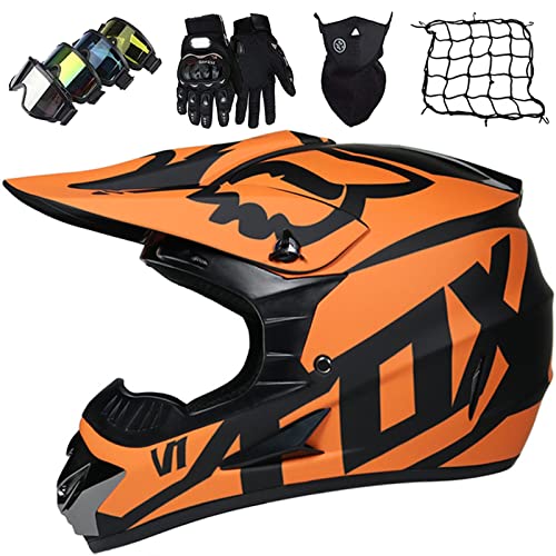 KILCVEM Casco Integral con Gafas Guantes Máscara Red elástica,Casco de Motocross Niños y Adultos,Casco Motocicleta para MTB Dirt Bike Off Road Equipo de Protección - con Fox Design - Naranja,S