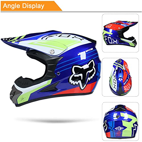 KILCVEM Casco Motocross Infantil, Casco de Moto Integral para Niños Downhill, Cascos de Cross de Moto Set (Gafas Guantes Máscara Red elástica) para Offroad MTB - con Diseño Fox - Azul,M