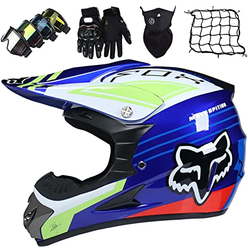 KILCVEM Casco Motocross Infantil, Casco de Moto Integral para Niños Downhill, Cascos de Cross de Moto Set (Gafas Guantes Máscara Red elástica) para Offroad MTB - con Diseño Fox - Azul,M