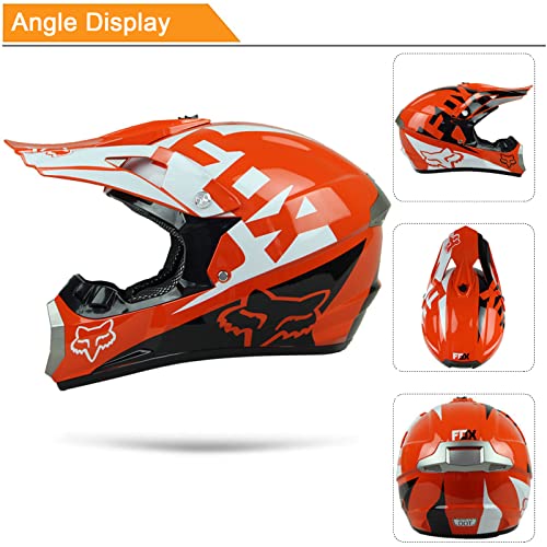 KILCVEM Casco Motocross Niño de 5~16 Años con Diseño Fox Casco Moto Integral para Moto Cross Descenso Enduro MTB Quad BMX Bicicleta con Gafas Guantes Máscara Red elástica - Naranja,XL