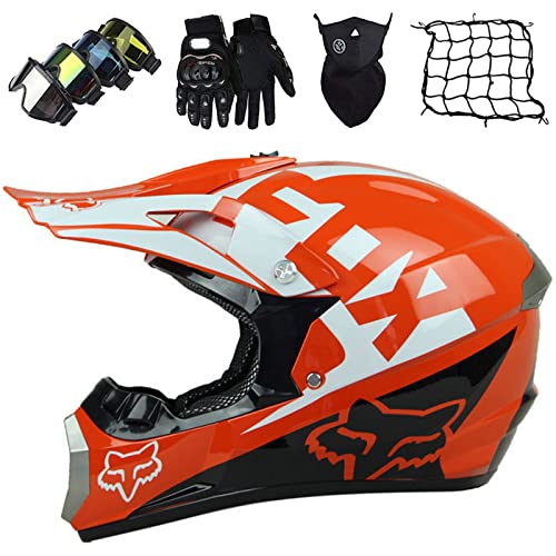 KILCVEM Casco Motocross Niño de 5~16 Años con Diseño Fox Casco Moto Integral para Moto Cross Descenso Enduro MTB Quad BMX Bicicleta con Gafas Guantes Máscara Red elástica - Naranja,XL