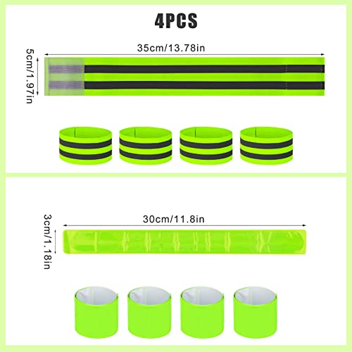 KINBOM 4 Piezas Bandas Reflectantes Brazo + 4 Piezas Muñequeras Slap, Alta Visibilidad Pulseras Reflectantes Equipo de Seguridad para Caminar de Noche Correr Andar en Bicicleta Escalar (Verde)