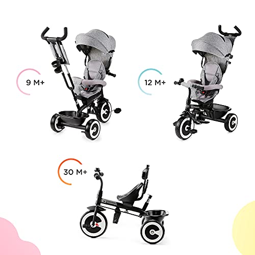 Kinderkraft Triciclo Evolutivo ASTON, Cabina desplegable, Cinturón, 9 Meses a 5 Años, Gris