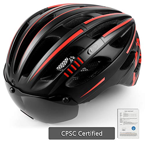 Kinglead Casco de bicicleta con luz de seguridad y visera protectora, certificado CE, unisex, casco de ciclismo para montar al aire libre, deportes, seguridad superligera ajustable, negro y rojo