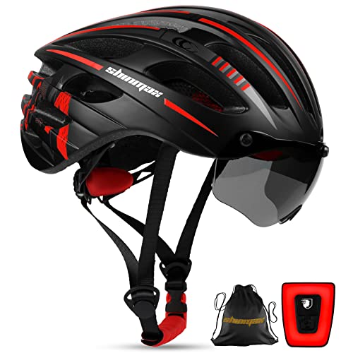 Kinglead Casco de bicicleta con luz de seguridad y visera protectora, certificado CE, unisex, casco de ciclismo para montar al aire libre, deportes, seguridad superligera ajustable, negro y rojo