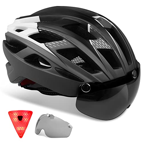 KINGLEAD Casco de Bicicleta Hombre Mujeres con Luz LED con Visera Desmontable para Carreras de Ciclismo Adultos Skateboarding Ajustable con Certificado CE para Montaña BMX Road KL-19