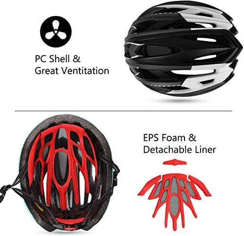 KINGLEAD Casco de Bicicleta Hombre Mujeres con Luz LED con Visera Desmontable para Carreras de Ciclismo Adultos Skateboarding Ajustable con Certificado CE para Montaña BMX Road KL-19