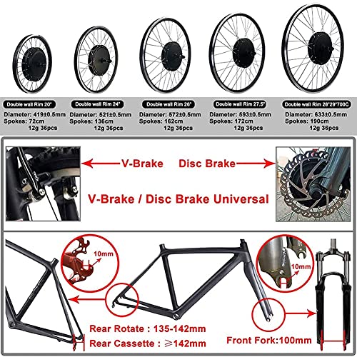 Kit De ConversióN De Bicicleta EléCtrica De Rueda Trasera De 20"/ 24" / 26"/ 27.5" / 28"/ 29" / 700c con Pantalla Lcd Kit De ConversióN De Motor De Buje Trasero De Cubo Bicicleta EléCtrica