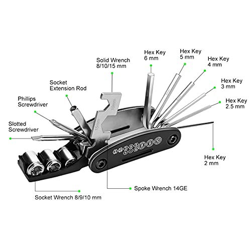 Kit de Herramientas de Reparación de Bicicletas,16 en 1 Juego de Pinchazos Multifunción,Montaña Bicicletas Accesorios,Neumáticos Palancas,Llave de Núcleo de Válvula,Escofina,Neumáticos Parches y Bolsa