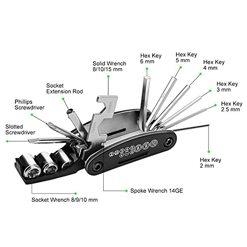 Kit de Herramientas para Bicicleta, 16 en 1 Herramienta multifunción para Bicicleta con Kit de Parche y palancas para neumáticos, Kit de Herramientas para reparación de Bicicletas