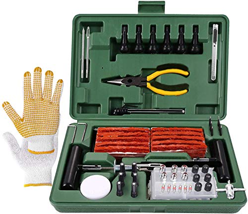 Kit de Reparación de Neumáticos, TECCPO Reparación de Neumáticos 100pcs, con Mechas para llantas, Herramientas Automotrices Punción Multifunciona, Guantes Resistentes, Clavos de Reparación Rápida